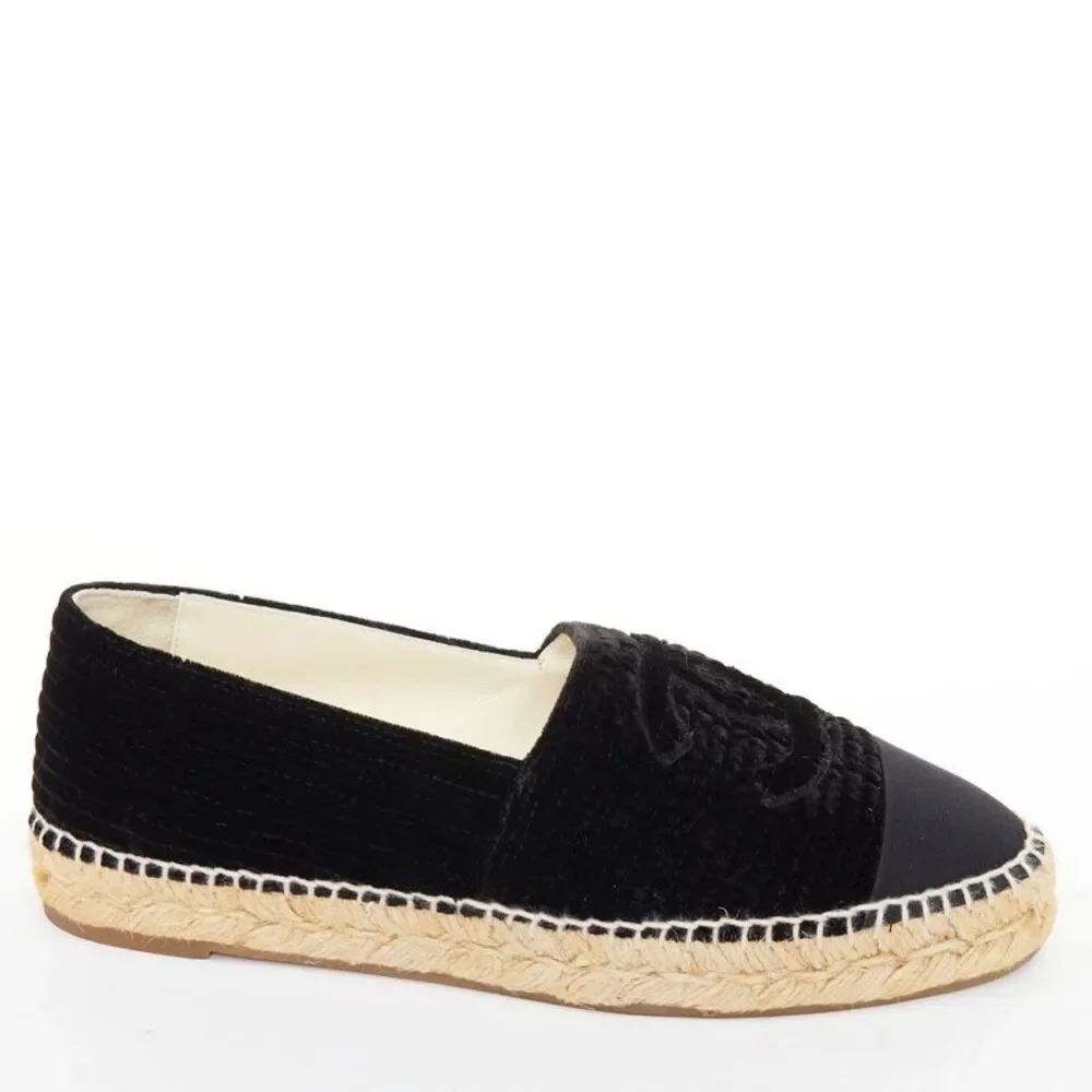 CHANEL black velvet grosgrain CC logo cap toe slip on flat espadrilles EU39